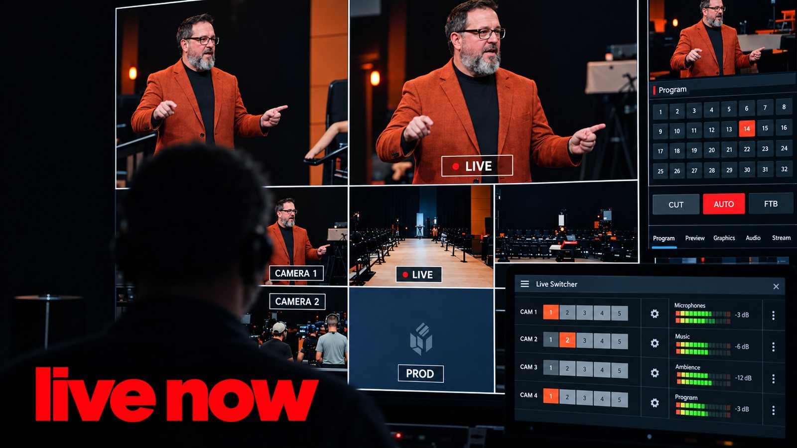 Dr. Chris Holland preaching, seen on the control room screens